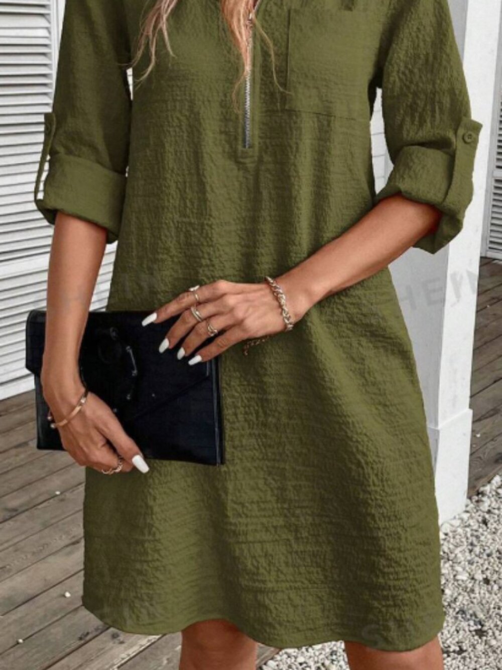 Women’s Textured Zipper Half-Button Dress – Patch Pocket Midi Dress